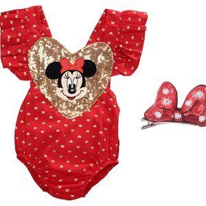Minnie Mouse Dress Outfit Disney Romper Clothes Jumpsuit Baby Hair Bow